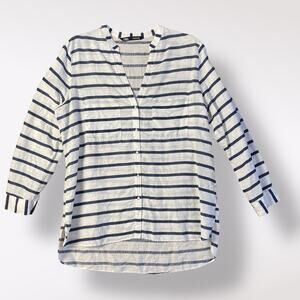 Zara Striped Blue‎ White Oversized Linen V Neck Shirt Size L Coastal Nautical
